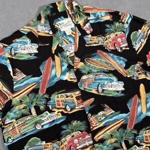 Vintage Hawaiian Shirt Diamond Head Sportswear Surfboards Woody Cars Large Black